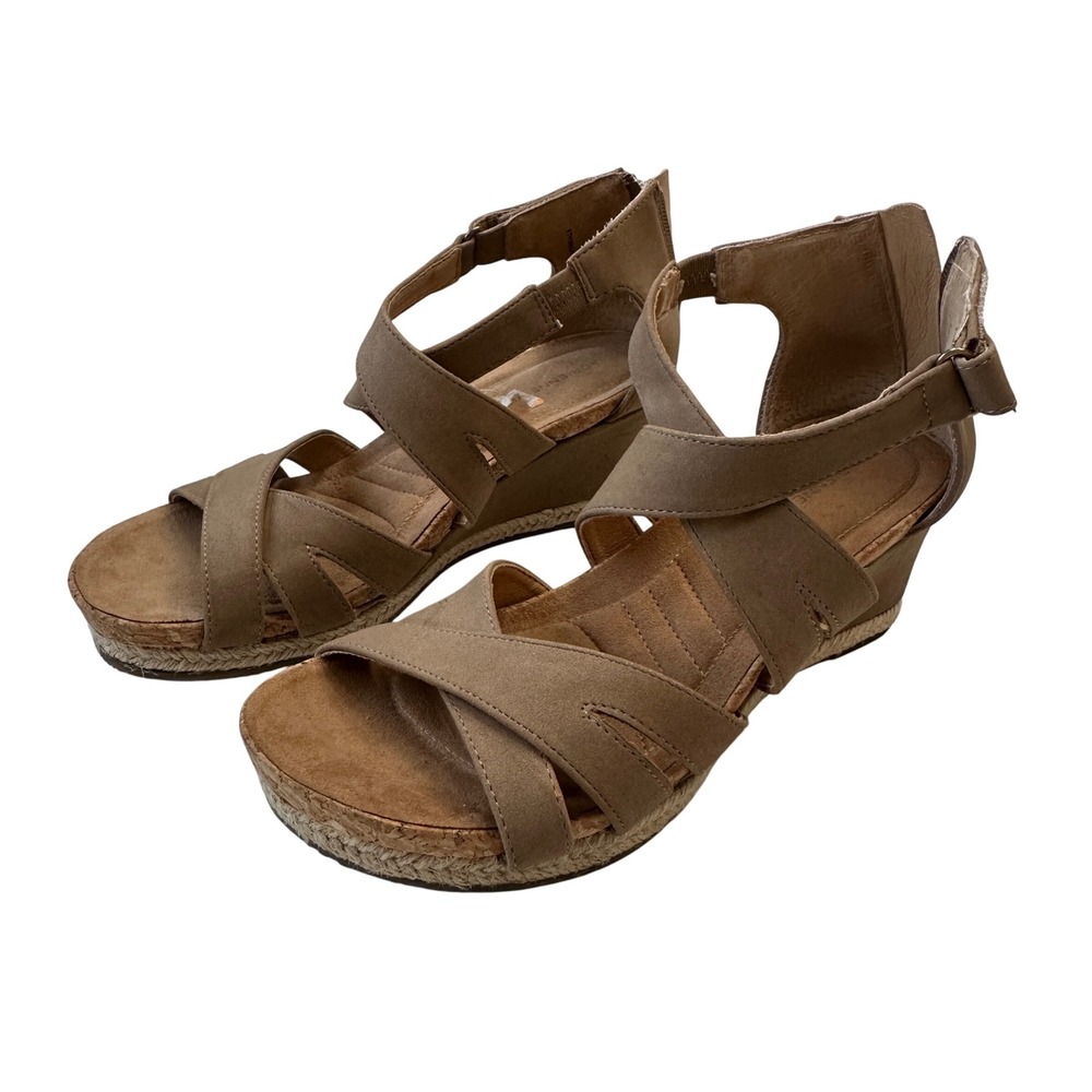Adrienne Vittadini‎ Wedge Sandals Espadrille Ankle Strap Taupe 7.5M